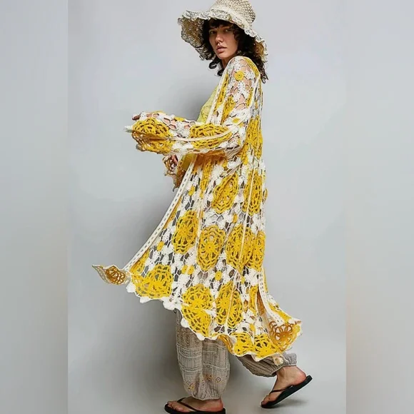 NEW Pol Maxi Long Sleeve Crochet Open Cardigan in Yellow - Picture 2 of 6